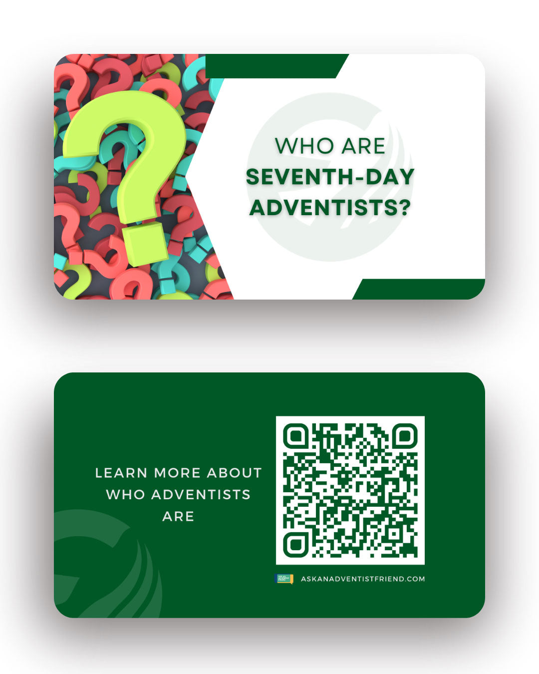 The front and back of an AAAF card on who Seventh-day Adventists are